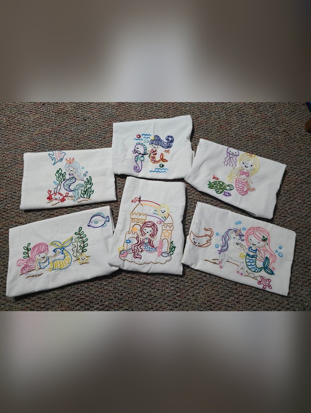 6 Piece Set White Hand Embroidered Kitchen Towels 31.5" x 29.5" NWOT Mermaids